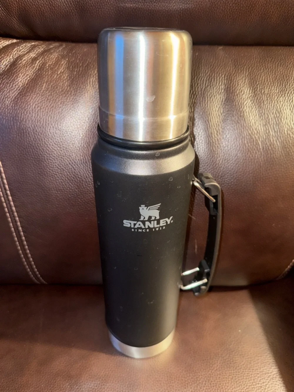 Stanley Black and Silver Insulated Vacuum Bottle with Handle